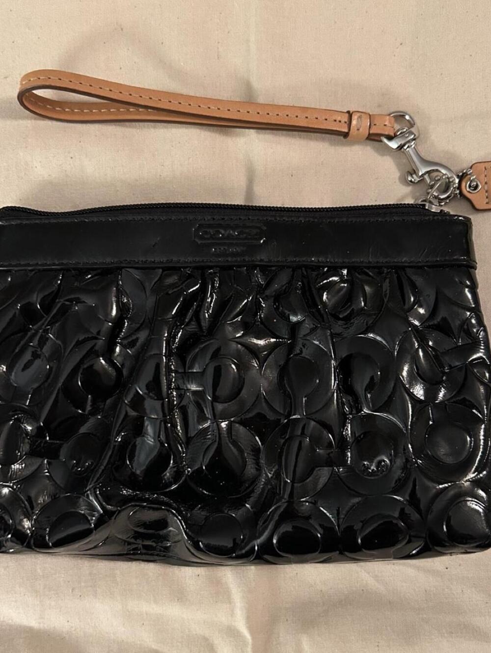 Coach Black Patent Leather Wristlet with Tan Strap